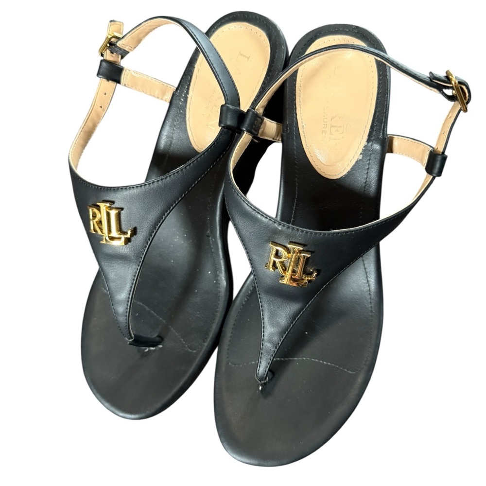 Ralph Lauren Black Sandals with Gold Logo